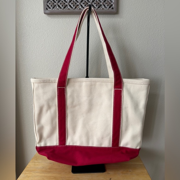 Lands End 100% Cotton Zip Top Canvas Heavy Duty Tote Bag L Ivory/Red | Travel - Picture 4 of 11